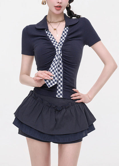Fashion Navy V Neck Patchwork Cotton T Shirt Tops Sleeveless