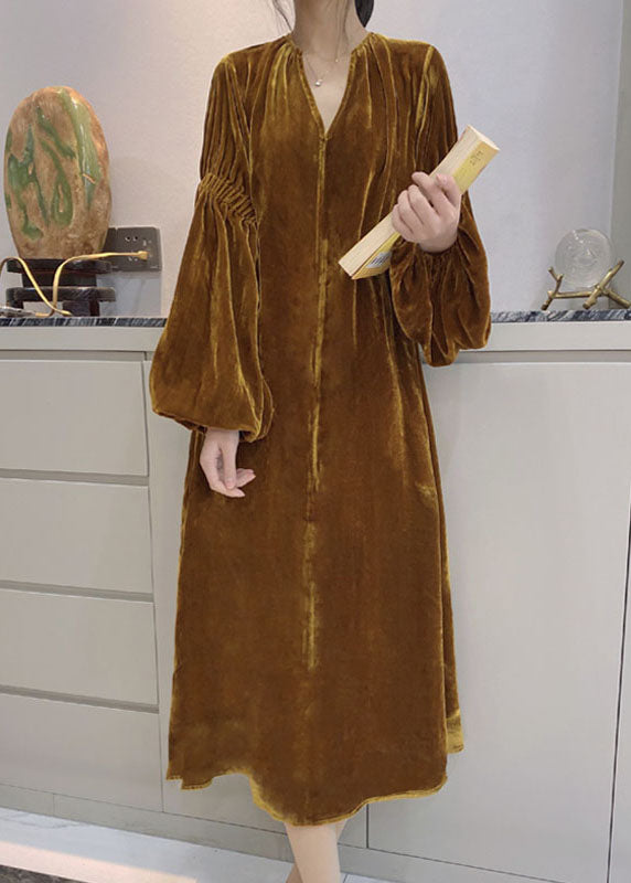 Women Yellow Puff Sleeve Pockets Velour Dress
