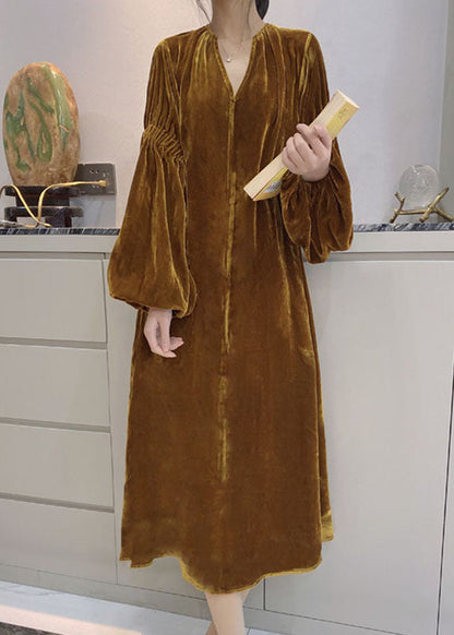 Women Yellow Puff Sleeve Pockets Velour Dress