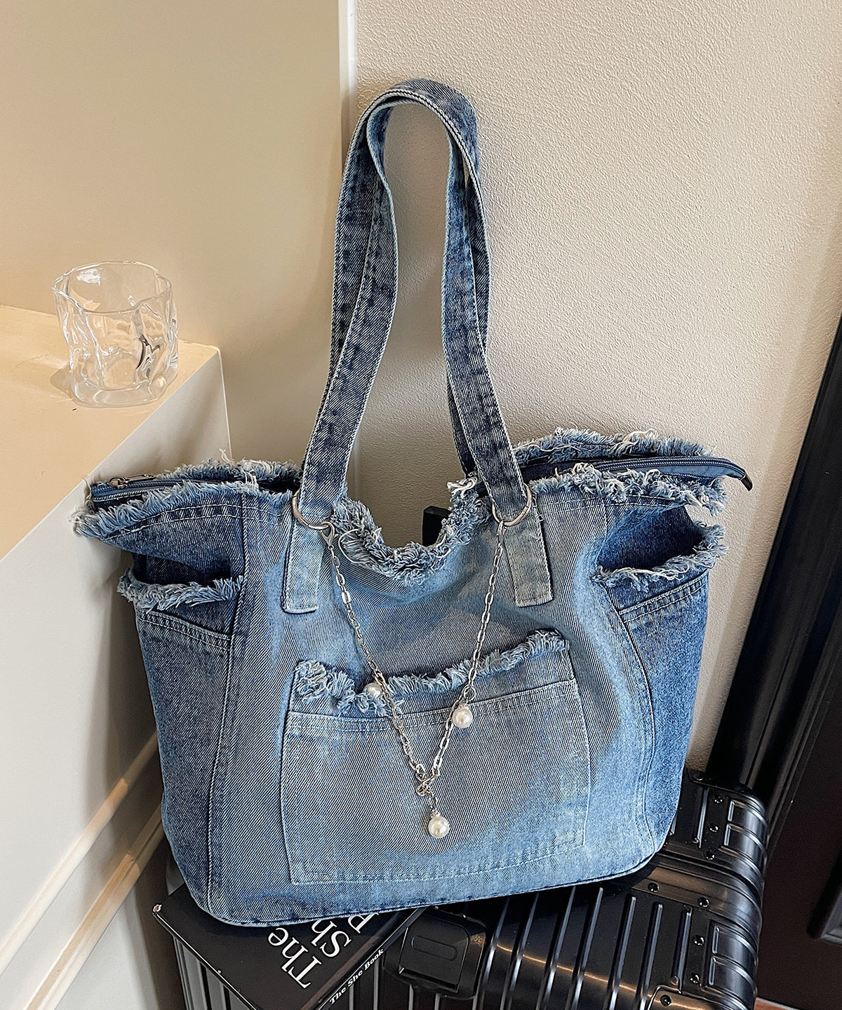 Modern Fringe Trim Chain Linked Denim Shoulder Bags
