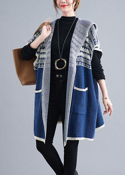 French Blue hooded Casual side open Short Sleeve Fall Knit sweaters Coat/Ships 30 Days