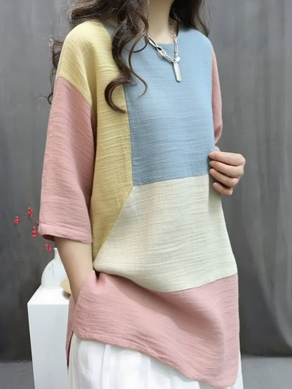 Handmade Three color spell O-Neck Print Button Top Summer