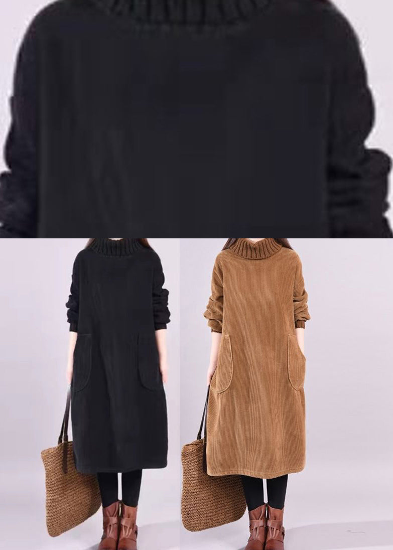 Coffee Patchwork thick Corduroy Dresses Turtle Neck Long Sleeve
