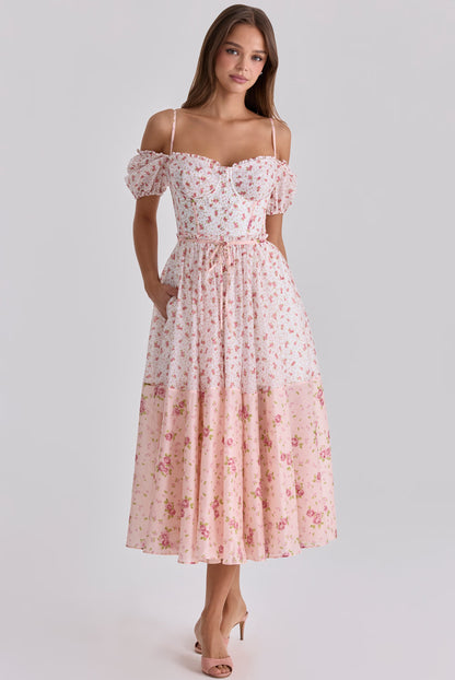 Pink Floral Print Off-Shoulder Puff Sleeve Tiered Midi Dress