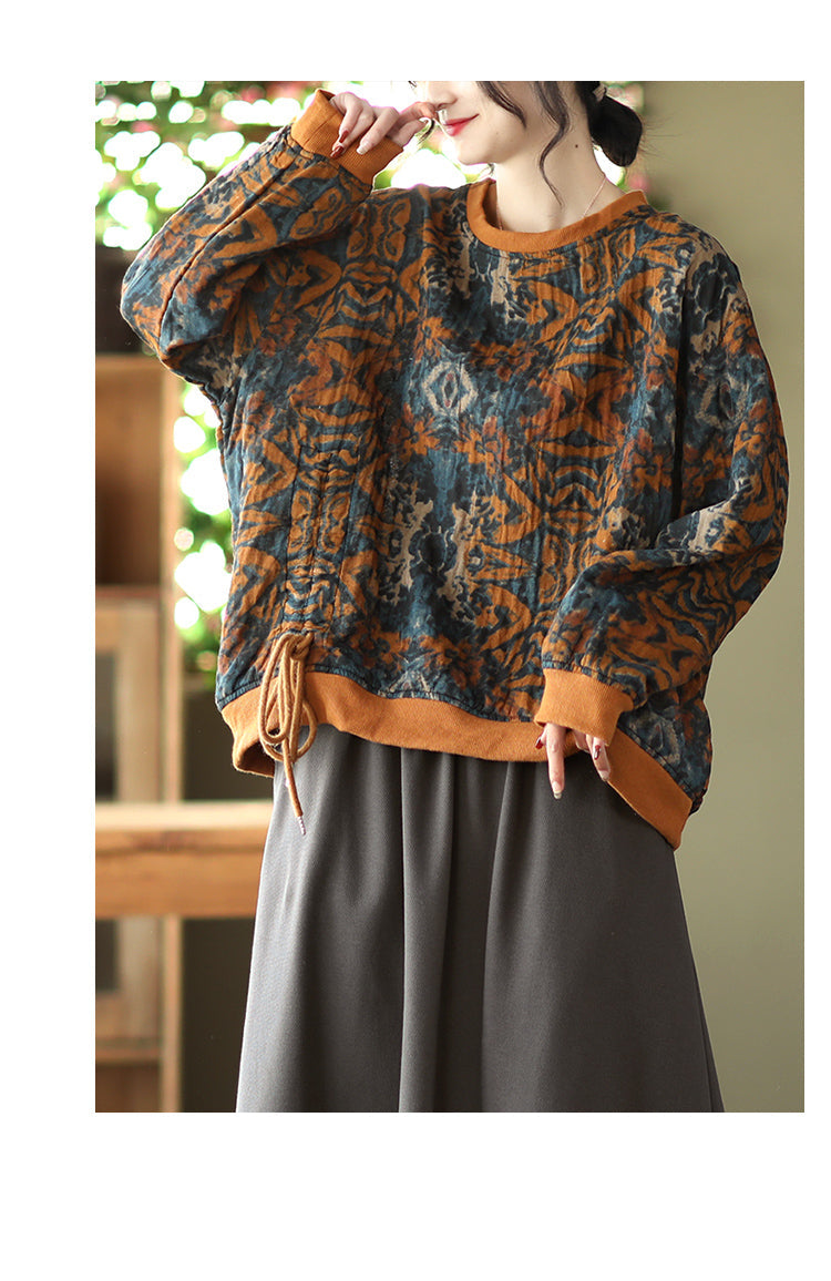 Large Size Slim Round Neck Printed Retro Casual Loose Sweater