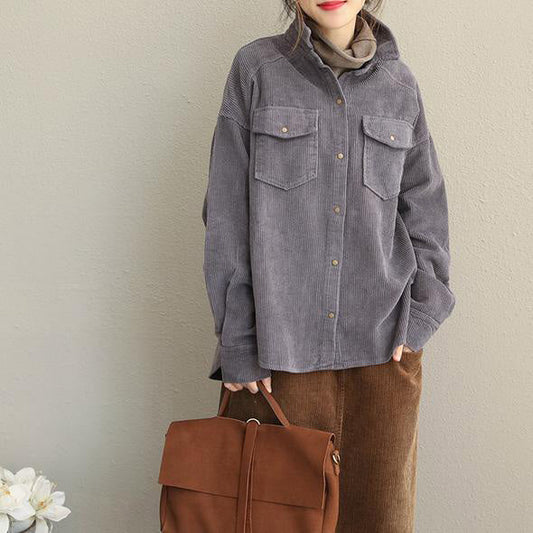 Vintage Pink and Gray Fall Loose Corduroy Short Coat For Women