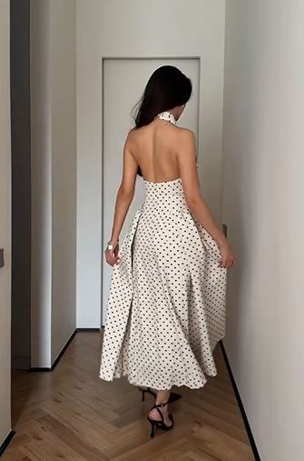 Cream Polka Dot Halter Bow Fit-and-Flare Midi Dress
