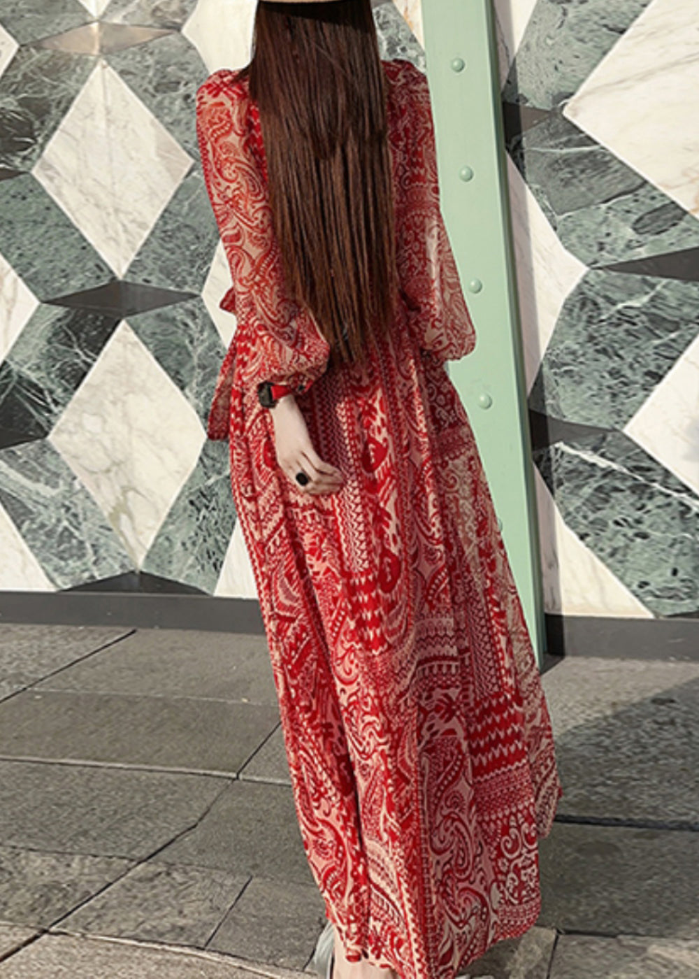Bohemian Red Print Tie Waist Vacation Long Dresses Spring