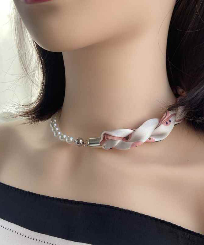 Modern Coffee Print Stainless Steel Scarf Patchwork Pearl Necklace