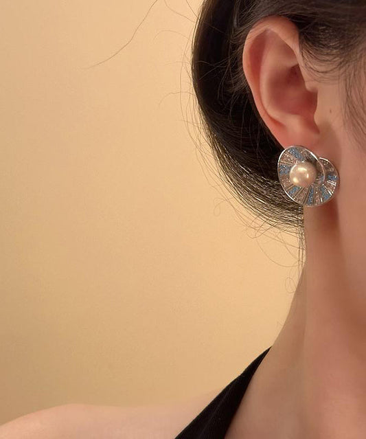 Retro Colorblock Copper Overgild Zircon Pearl Shell Stud Earrings