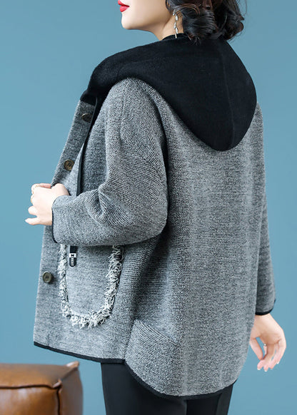 Casual Coffee Drawstring Button Hooded Woolen Hooded Coats Fall