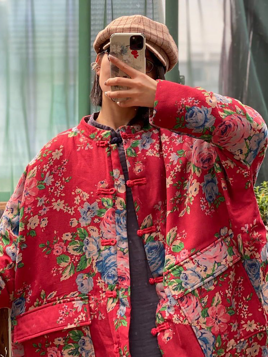 Oversize Women Pockets Print Cotton Coat