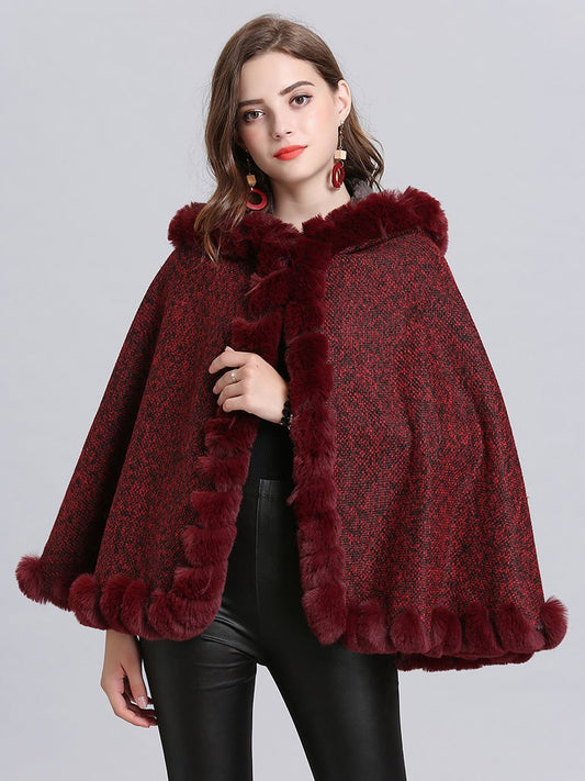 Hooded Winter Coat Faux Fur Long Sleeve Open Front Luxurious Cape Coat For Women
