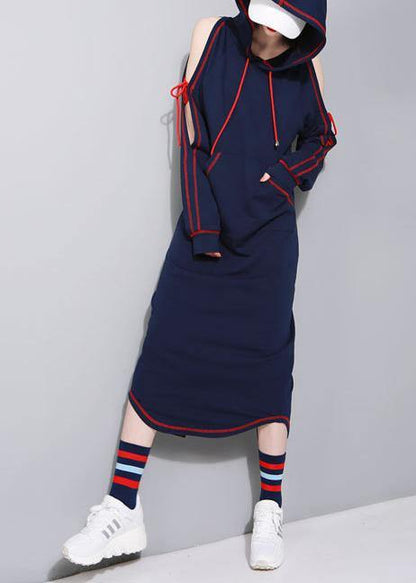 Chic Black Cold Shoulder hooded Long Summer Cotton Dress