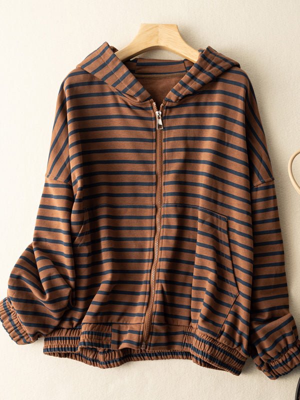 100% Natural Material Striped Zipper Literary Retro Hoodie Coat