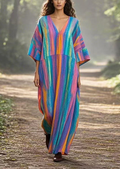 Vintage Rainbow Oversized Tie Dye Cotton Maxi Dresses Summer