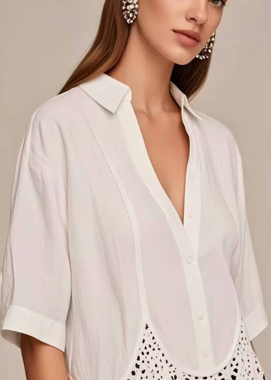 Casual White V Neck Patchwork Lace Short Shirt Summer