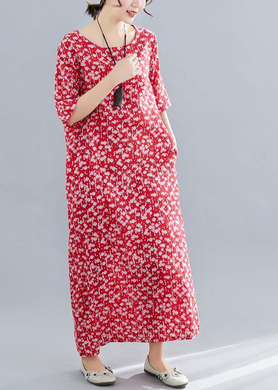 Bohemian o neck pockets linen cotton clothes Tutorials red print Dresses summer