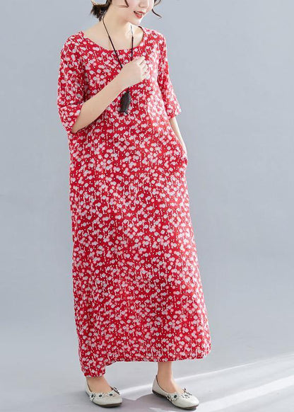 Bohemian o neck pockets linen cotton clothes Tutorials red print Dresses summer