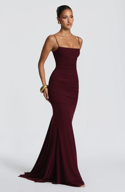 Spaghetti Strap Ruched Lace-Up Back Mermaid Gown