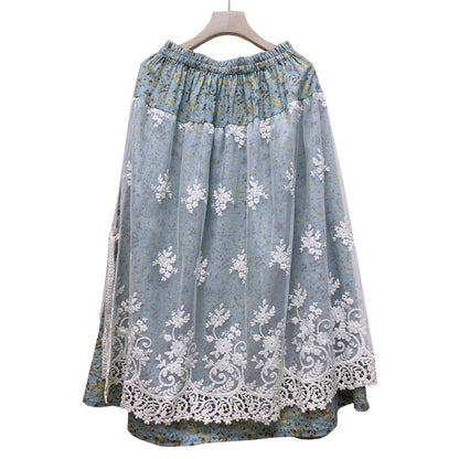 Cozy Linen Retro Floral Embroidery Lace Mesh Skirt