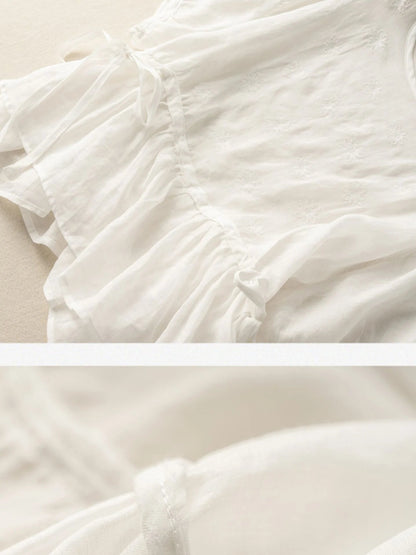 Embroidered Crew Neck Half Sleeve Casual Linen Top