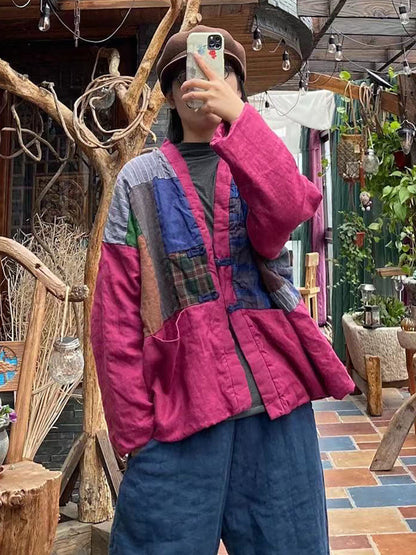 Women Vintage Spliced Button 100%Linen Padded Coat