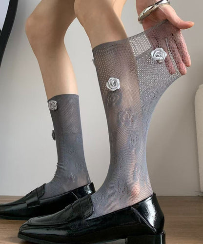 French Hollow Out Breathable Lace Rose Floral Over The Calf Socks