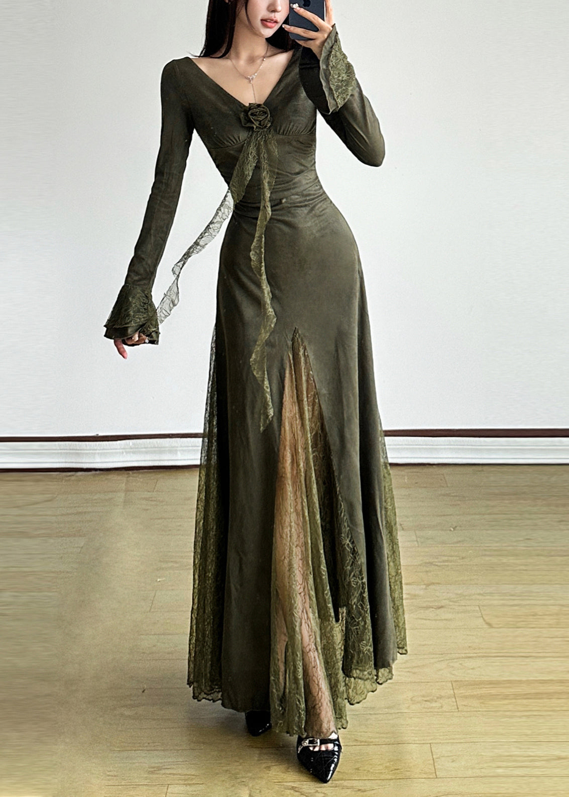 Elegant Blackish Green Patchwork Lace Long Dress Flare Sleeve