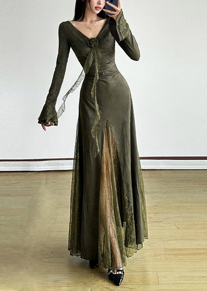 Elegant Blackish Green Patchwork Lace Long Dress Flare Sleeve