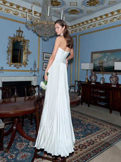 Socialite Style White Strapless Satin Pleated Waist-Cinched Maxi Dress