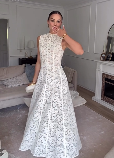 Sexy Sleeveless Waist Lace Solid Color Dress