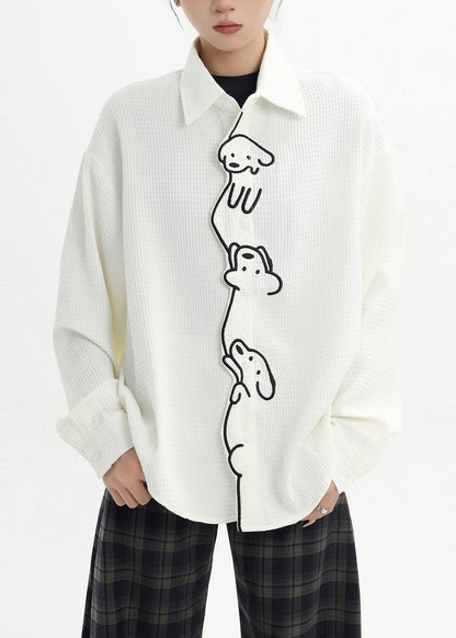 Casual White Cute Little Dog Embroidered Cotton Shirt Spring