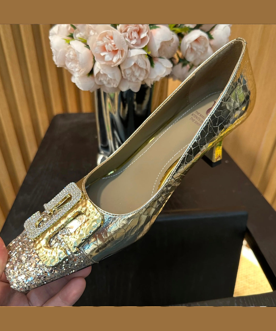Gold Zircon Splicing Chic Chunky High Heels Square Toe
