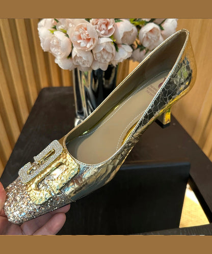 Gold Zircon Splicing Chic Chunky High Heels Square Toe