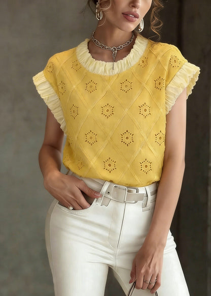 Cute Yellow Patchwork Hollow Out T Shirt Summer