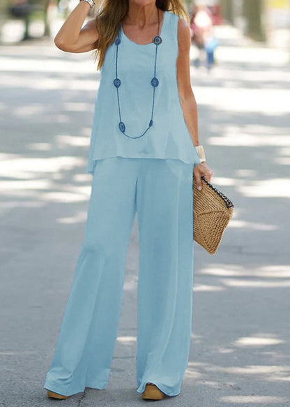 Loose White Hollow Out Solid Cotton Two Pieces Set Sleeveless