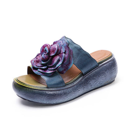 Women Summer Vintage Leather Floral Platform Slippers
