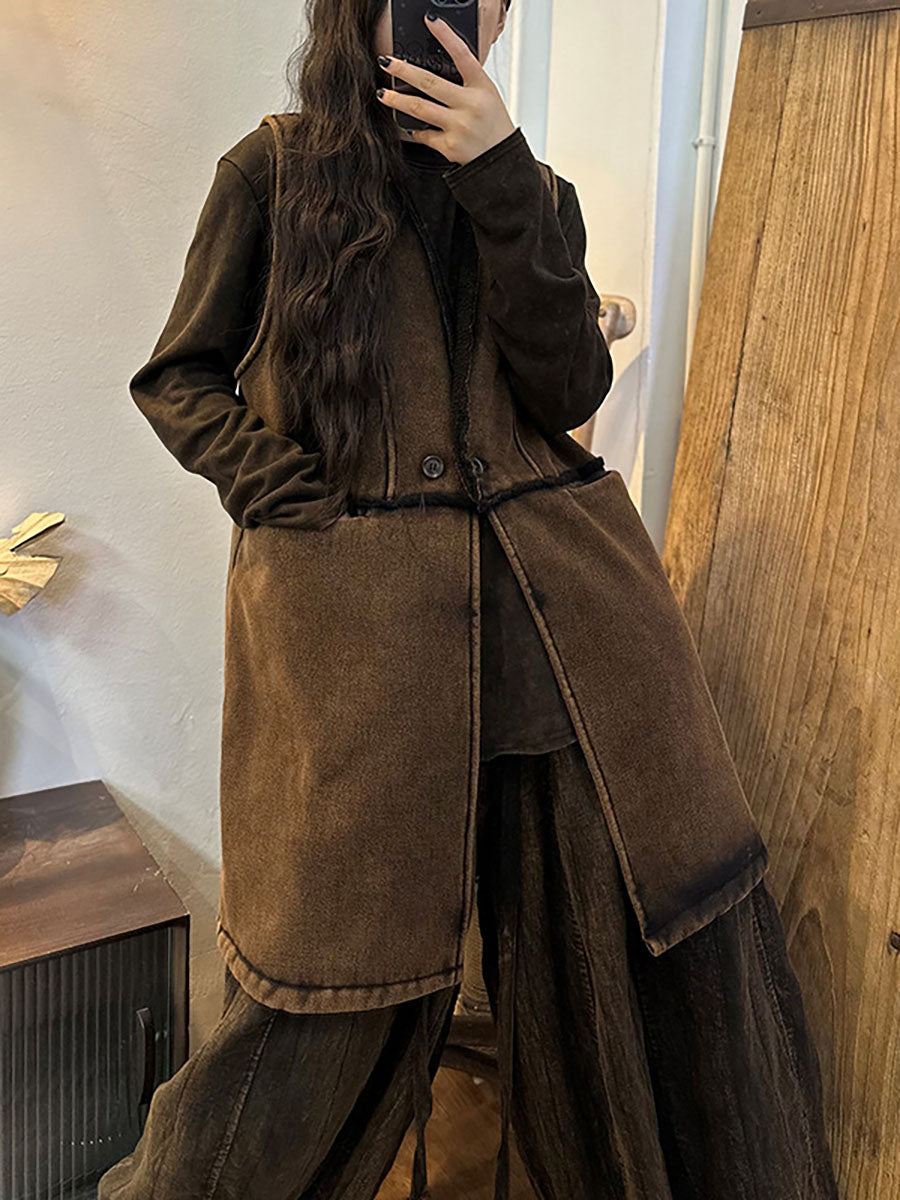 Women Winter Vintage Thick Button Long Waistcoat