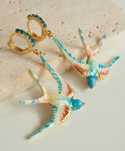 Bohemian Rainbow Copper Alloy Enamel Gem Stone Swallow Drop Earrings