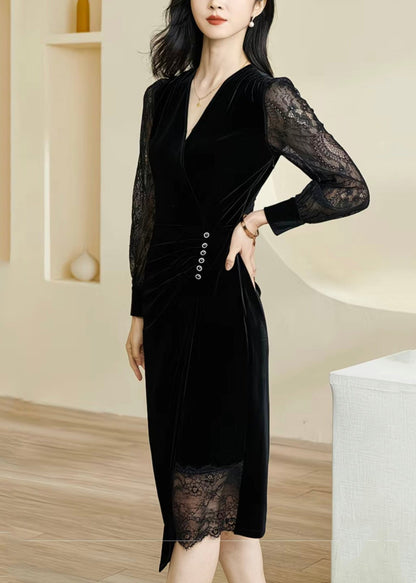 Slim Fit Black V Neck Lace Patchwork Maxi Dress Fall