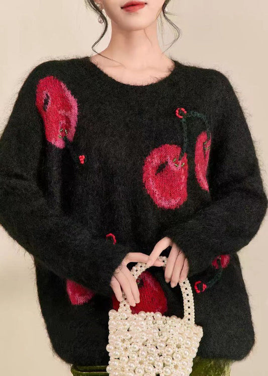 Novelty Black O-Neck Print Cozy Cotton Knit Sweaters Fall