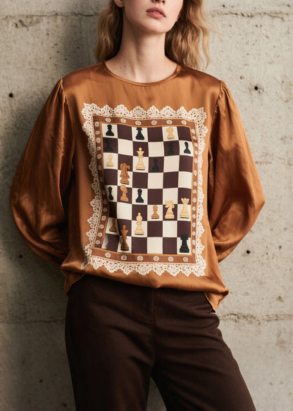 Women Brown Print Patchwork Silk Shirts Spring