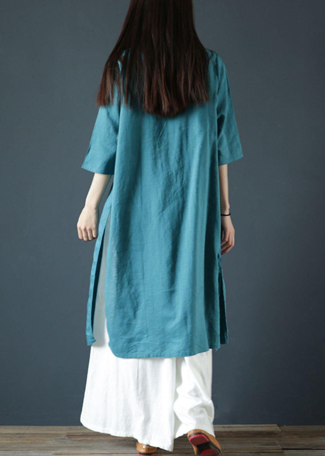 Classy o neck side open linen dress design light print Dresses