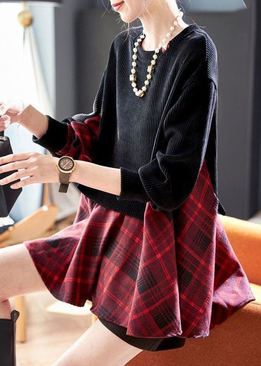 Loose Black O-Neck Plaid Patchwork Fake Two Pieces Sweatshirts Fall