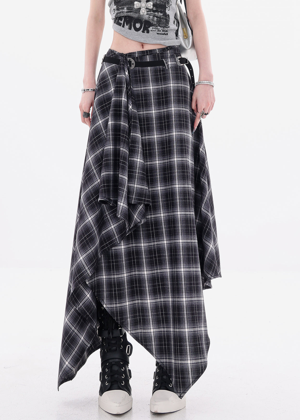 Art Black Asymmetrical Plaid Cotton Skirts Fall