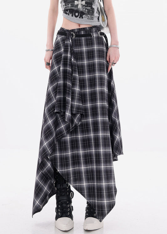 Art Black Asymmetrical Plaid Cotton Skirts Fall