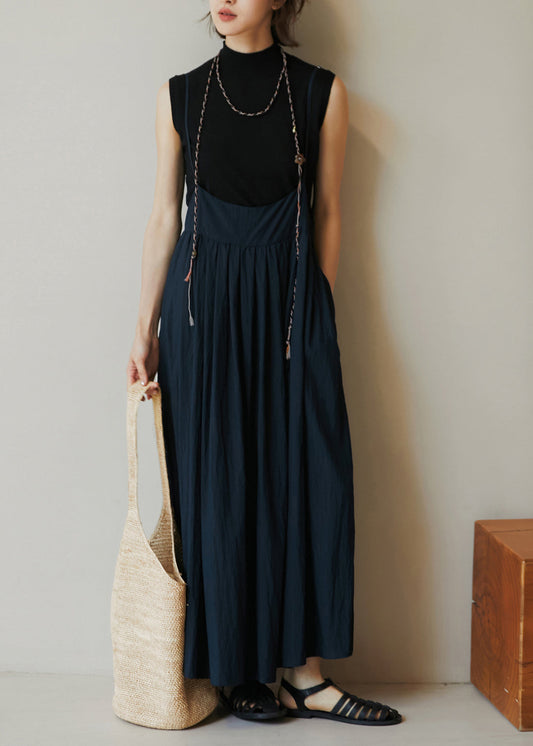 Women Navy Pockets Wrinkled Cotton Spaghetti Strap Dress Summer