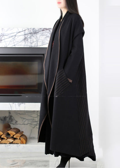 Black Patchwork Knit Coat Outwear Peter Pan Collar Striped Winter