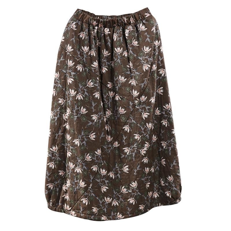 Retro Cotton Linen Quilted Thick Print Floral Skirt